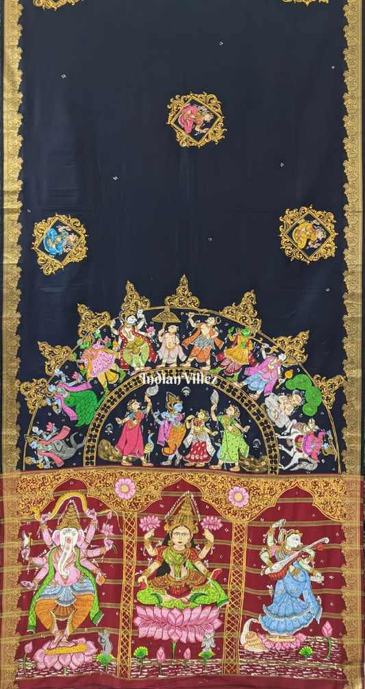 Navy Blue Odisha Pattachitra Art on Kerala Silk Saree