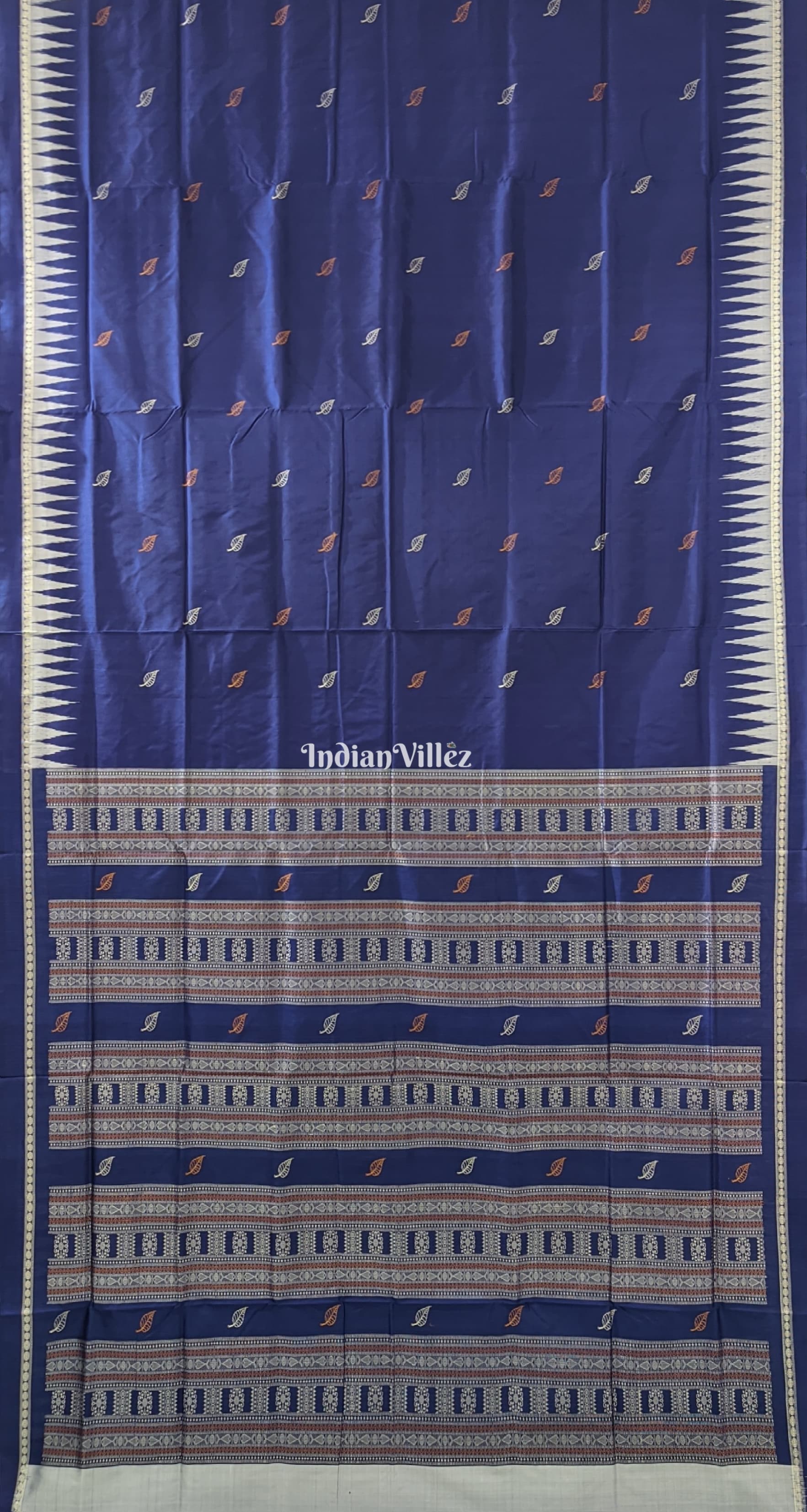 Navy Blue Leaf Motif Sambalpuri Bomkai Silk Saree