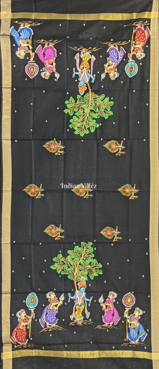 Black Krishna Pattachitra Art on Chanderi Silk Dupatta