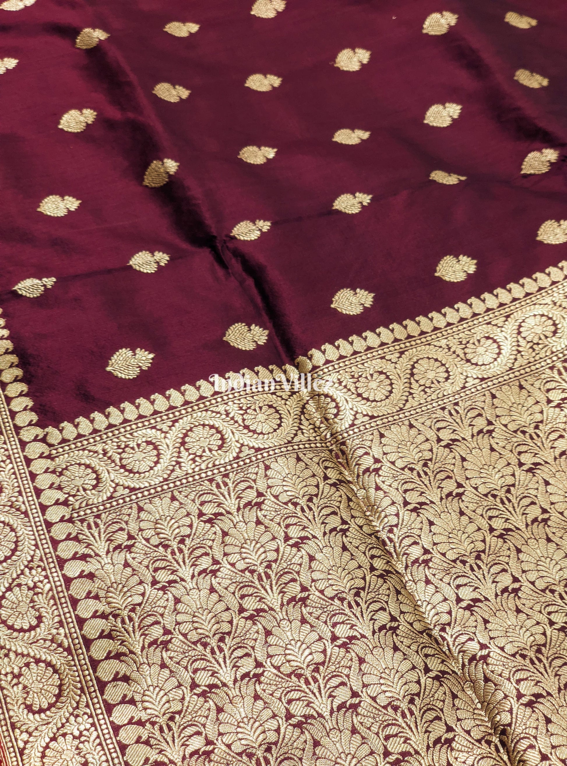 Wine Floral Motif Designer Banarasi Silk Saree