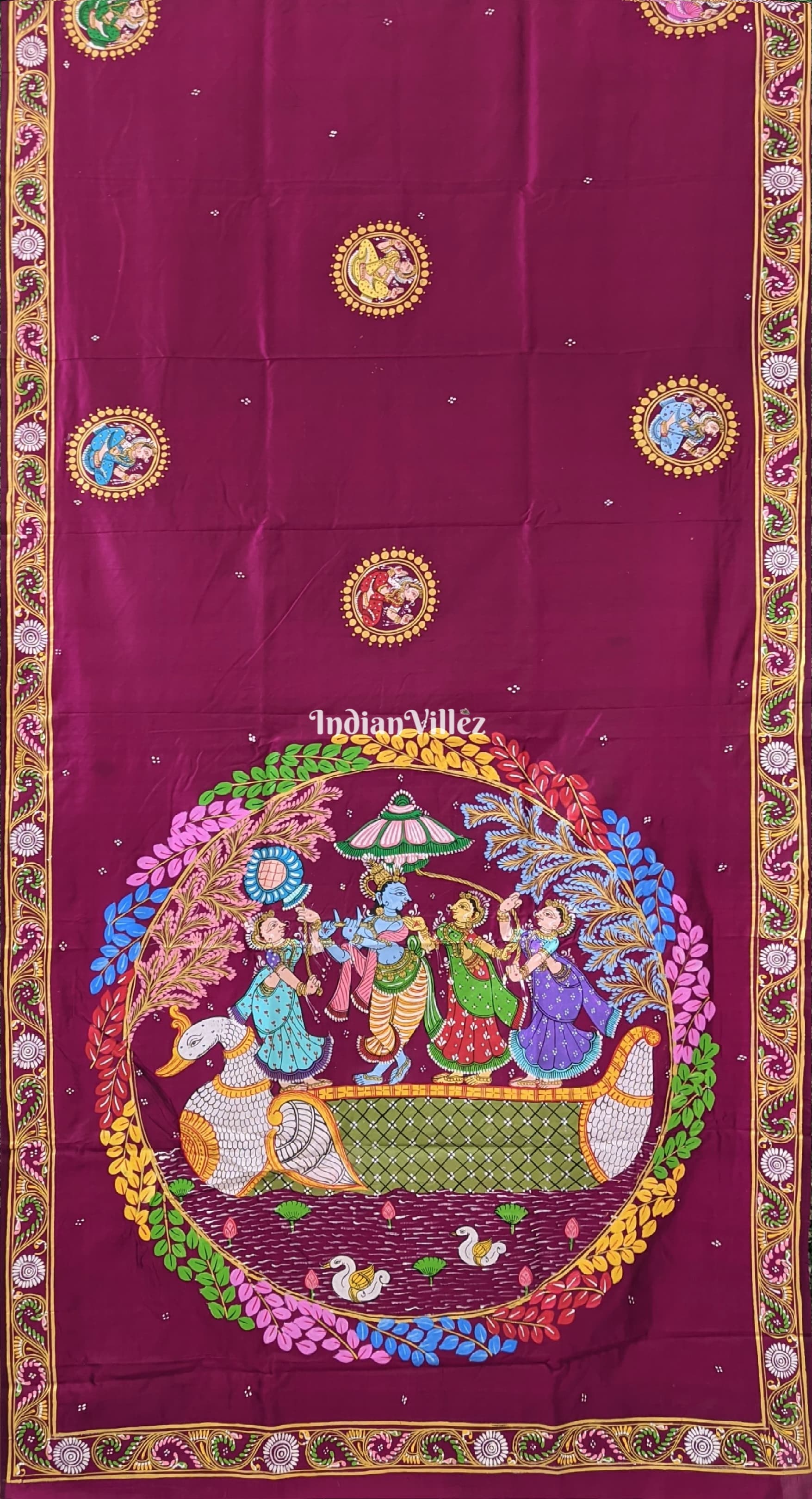 Wine Radha Krishna Boita Pattachitra Silk Saree