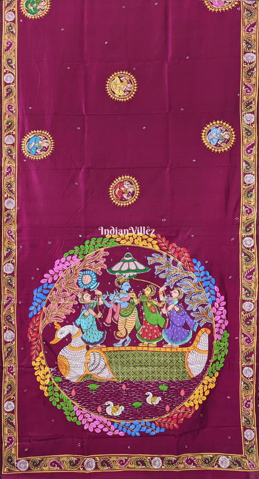 Wine Radha Krishna Boita Pattachitra Silk Saree