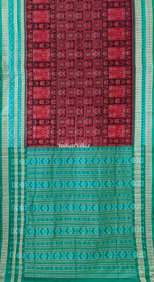 Wine Pine Green Lotus & Kalas Sambalpuri Silk Saree with Fish Motif in Border