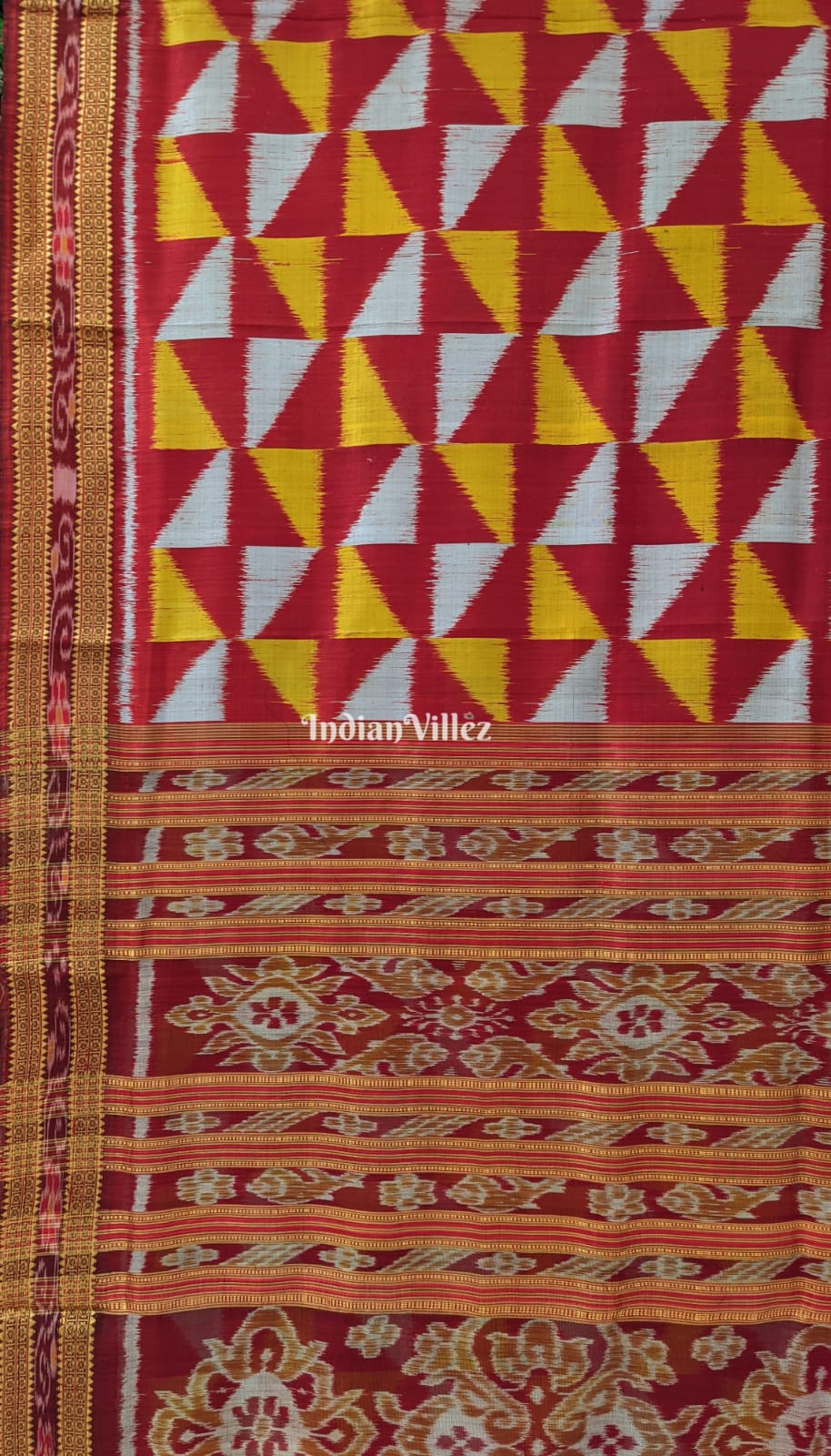 Maroon Yellow White Odisha Ikat Khandua Silk Saree