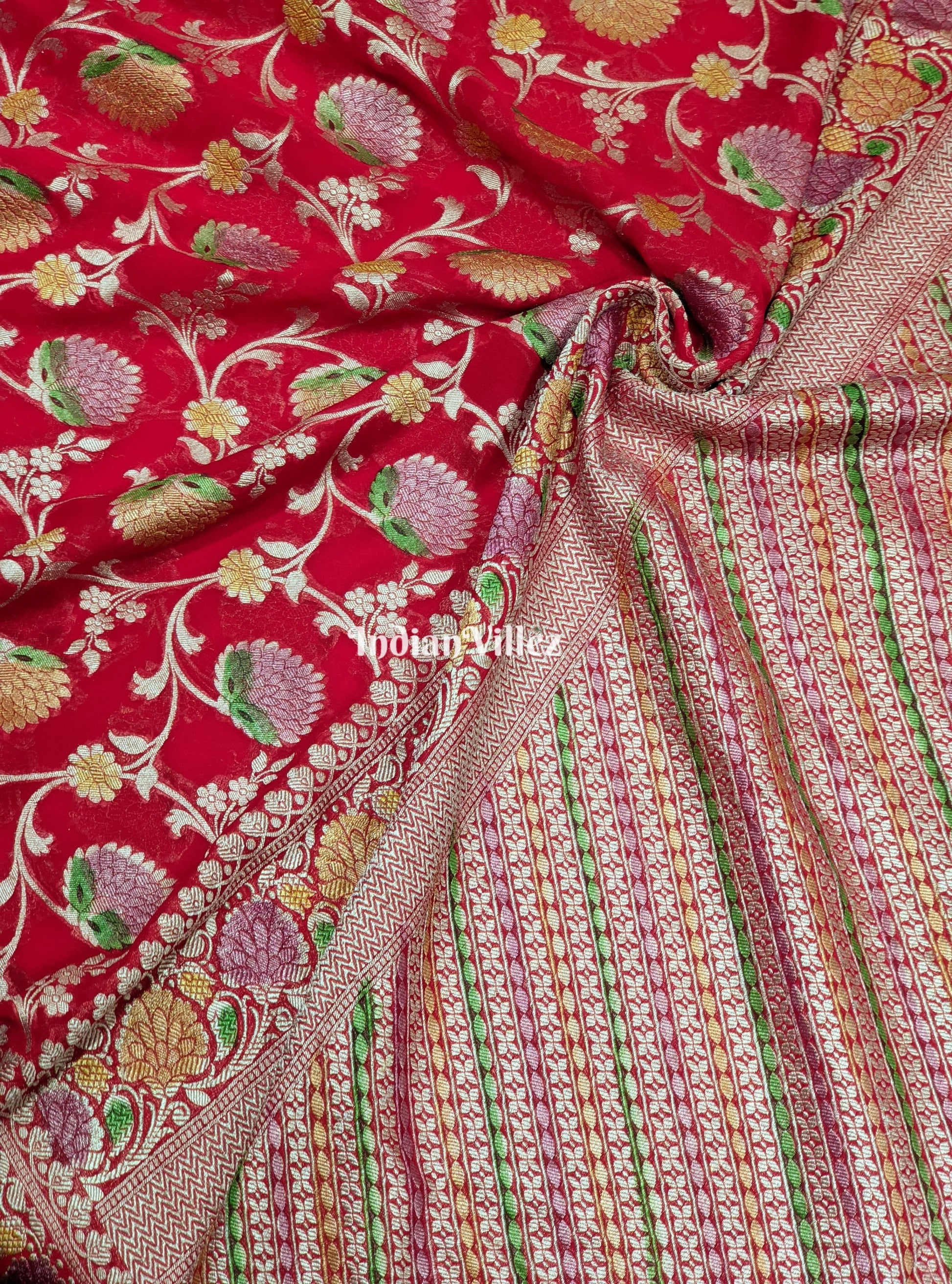 Red Flower Design Banarasi Khaddi Georgette Saree