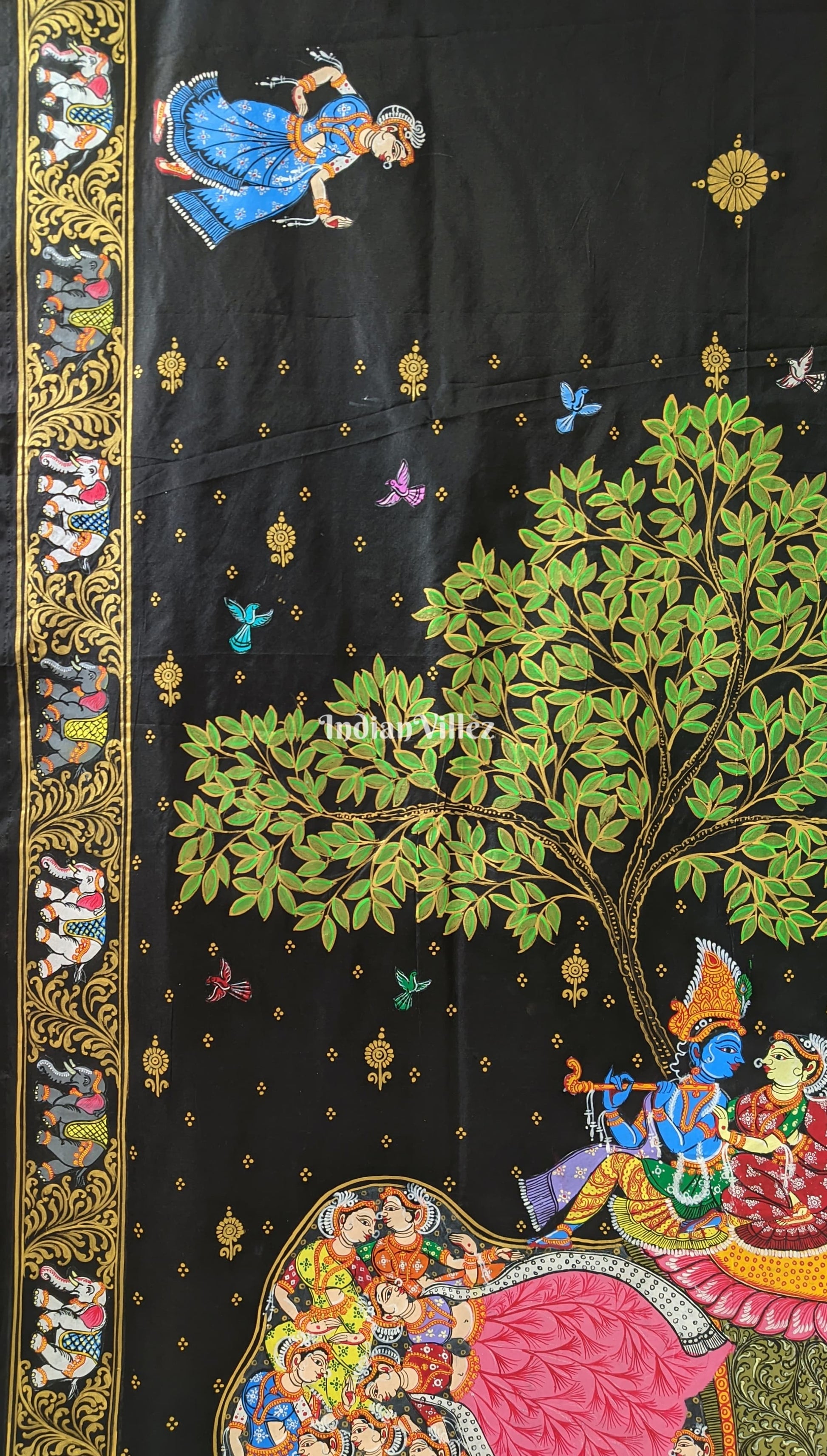 Black Kandarpa Hati (Elephant) Pattachitra Silk Saree