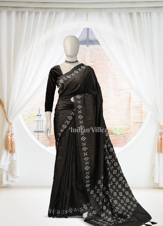 Black Odisha Ikat Pasapali Contemporary Silk Saree