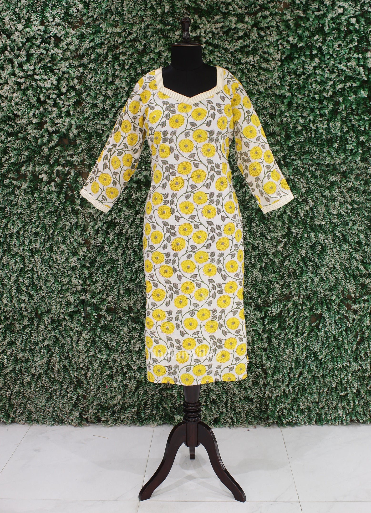 Yellow Floral Cotton Block Printed Kurti for Women