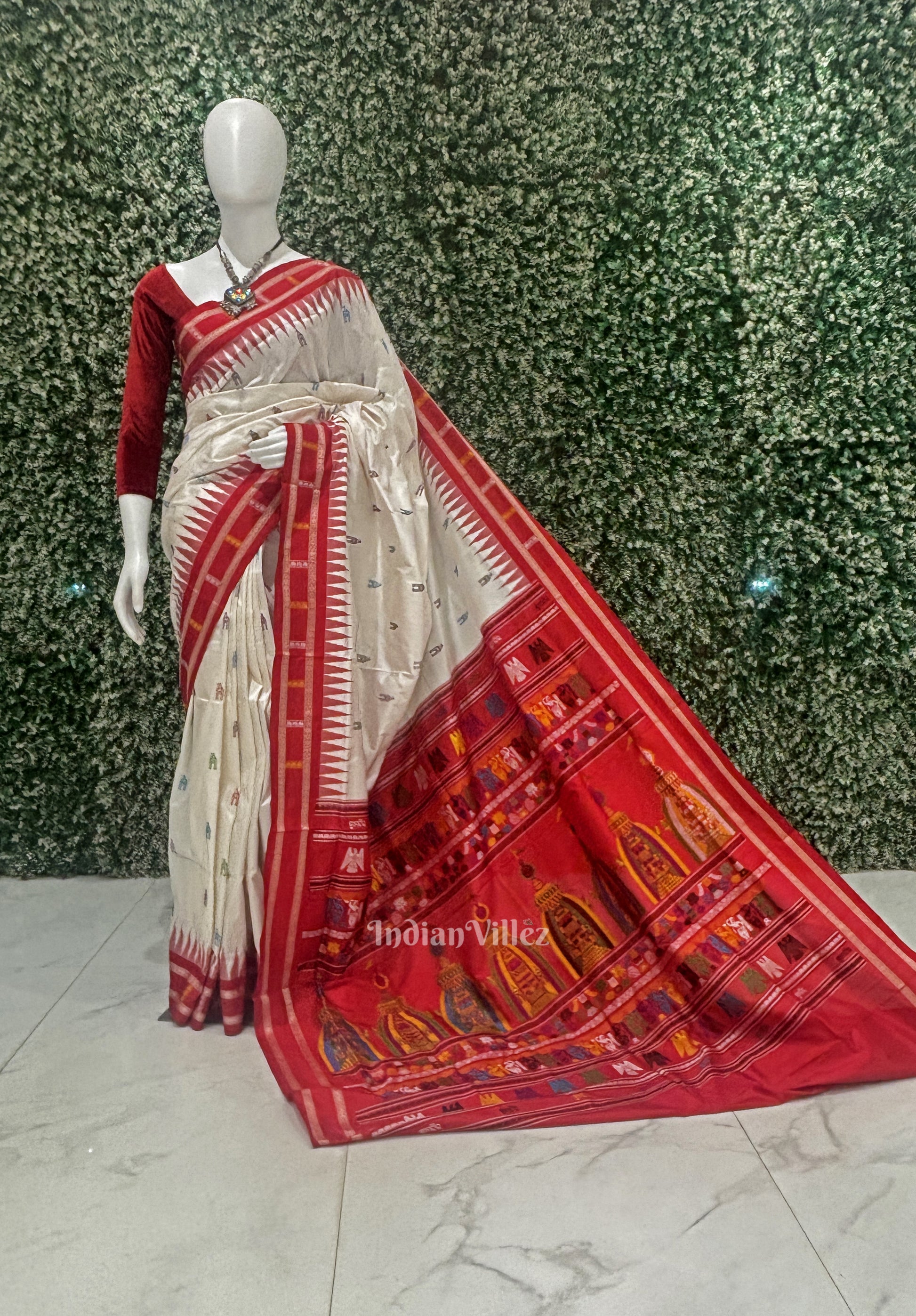 White Red Odisha Ikat Shree Mandir Sambalpuri Silk Saree