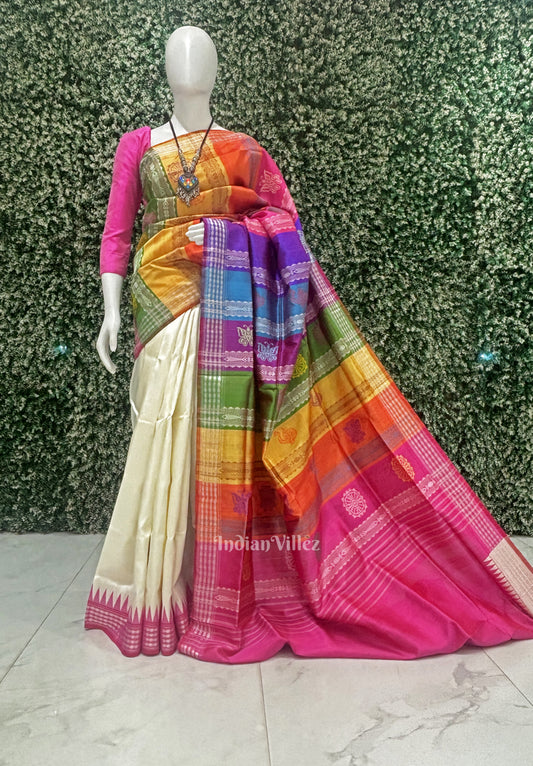 Off White Fish Motif Double Pallu Berhampuri Patta Saree