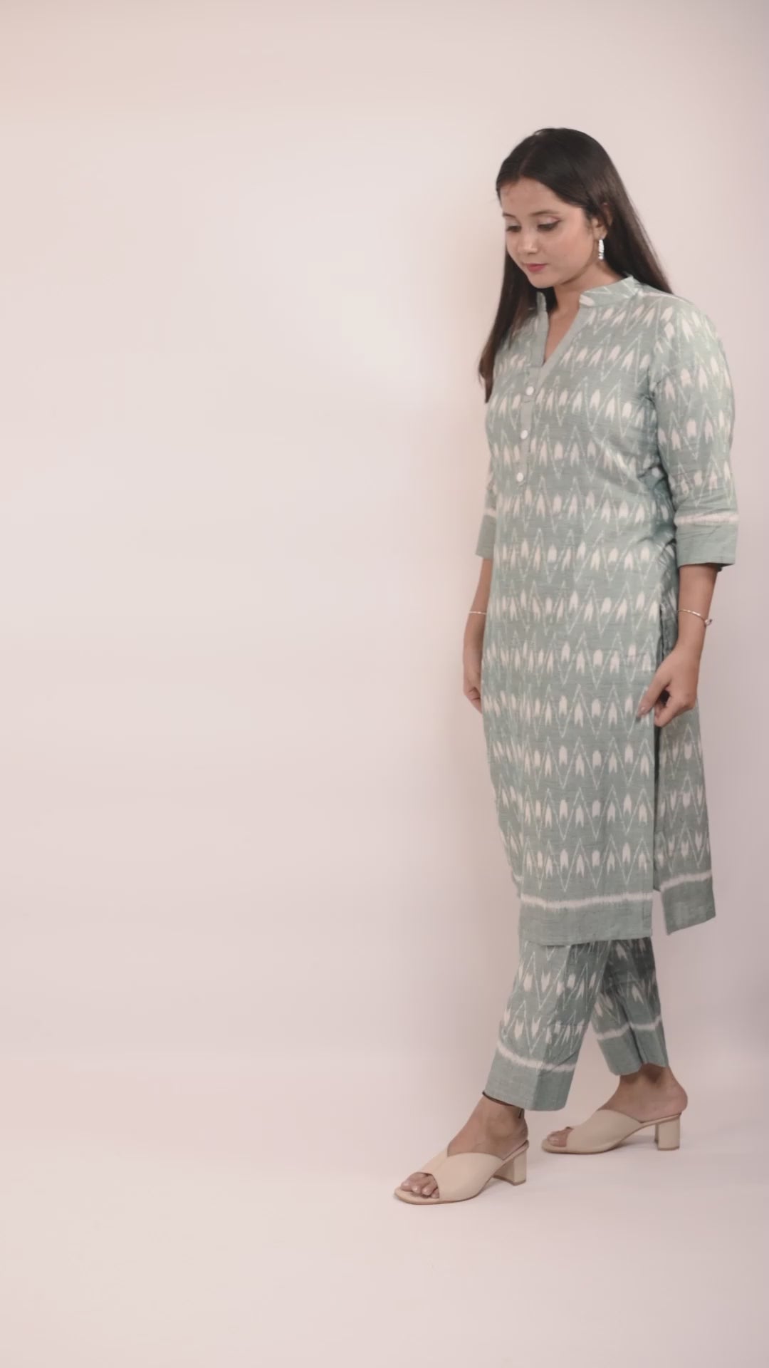 Sage Green Odisha Ikat Designer Cotton Kurti  Set for Women