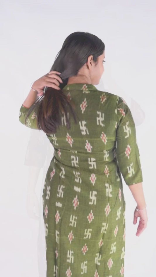 Olive Green Odisha Ikat Designer Cotton Kurti for Women