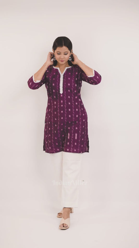 Purple Sambalpuri Odisha Ikat Designer Cotton Short Kurti for Women