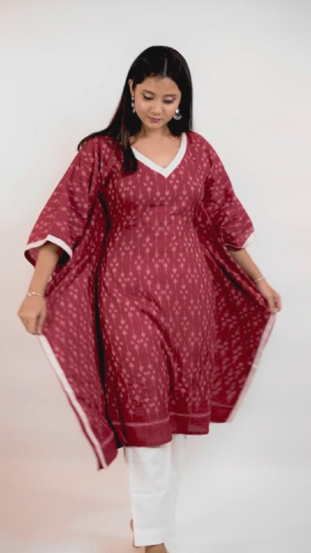 Maroon Sambalpuri Odisha Ikat Designer Cotton Kaftan Kurti Set for Women