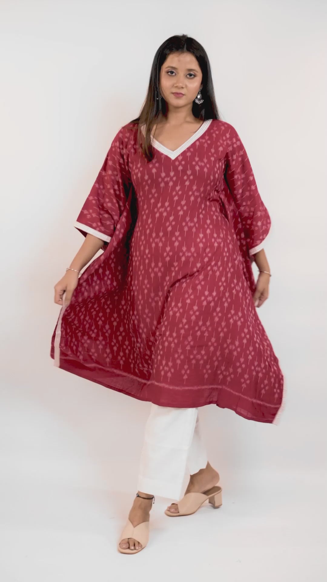 Maroon Sambalpuri Odisha Ikat Designer Cotton Kaftan Kurti Set for Women