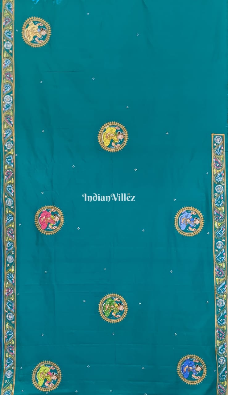 Azure Blue Radha Krishna Hand-Painted Pattachitra Art Silk Saree