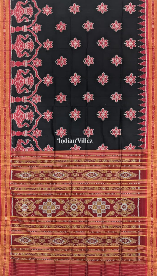 Black Maroon Lotus and Kalasa, Odisha Handloom Khandua Silk Saree