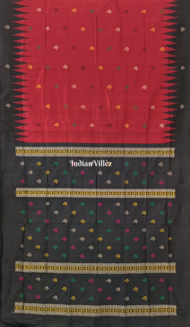 Black Red Floral Design Bomkai Silk Saree