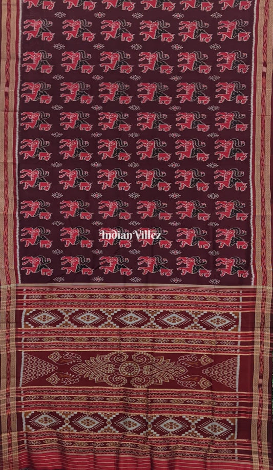 Deep Maroon Animal Theme Odisha Ikat Khandua Silk Saree