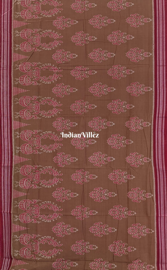 Bronze Peacock & Flower Motif Sambalpuri Ikat Cotton Saree