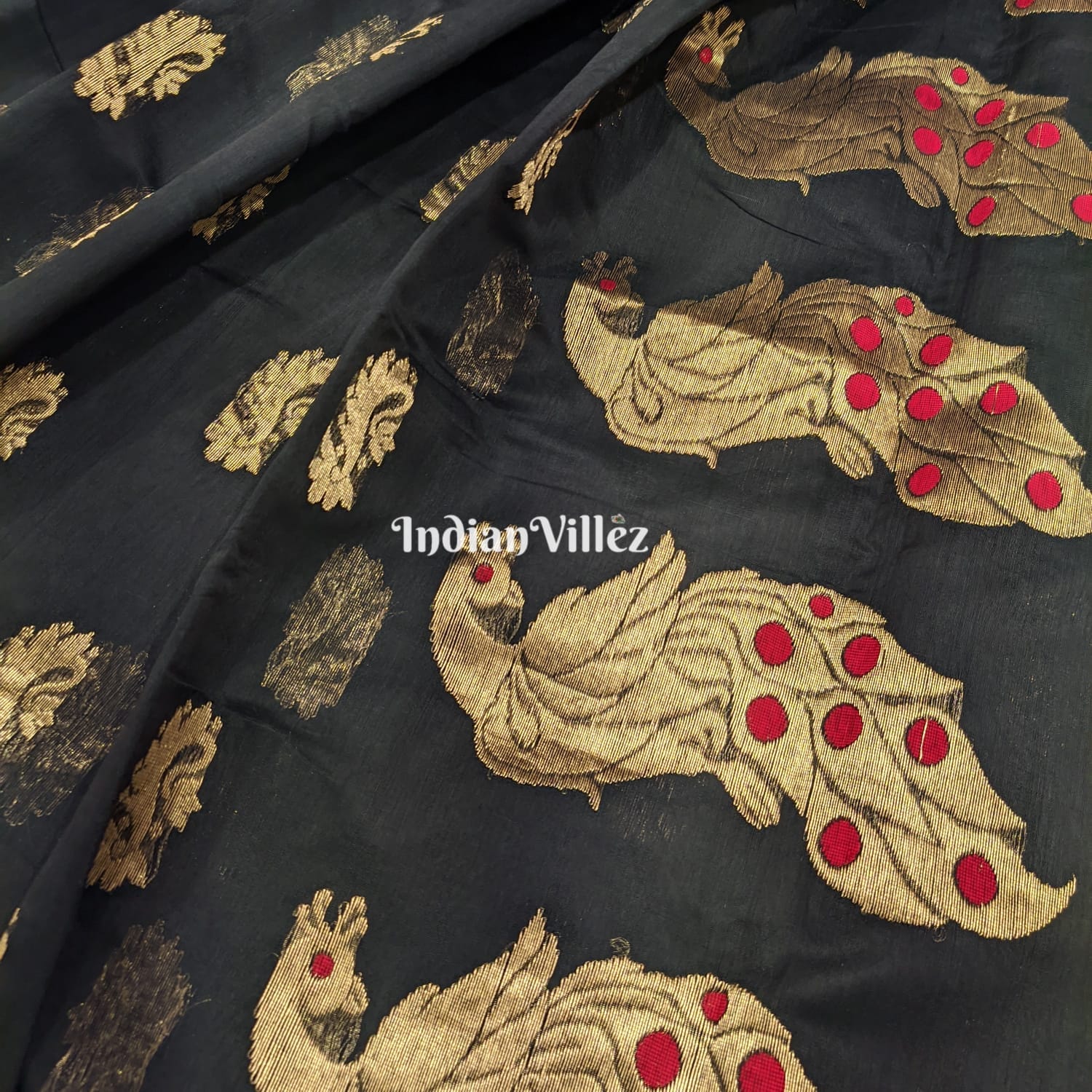 Black Peacock Flower Design Handloom Pure Chanderi Silk Saree