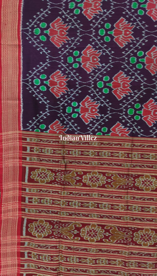 Dark Magenta Lotus Design Odisha Ikat Khandua Silk Saree