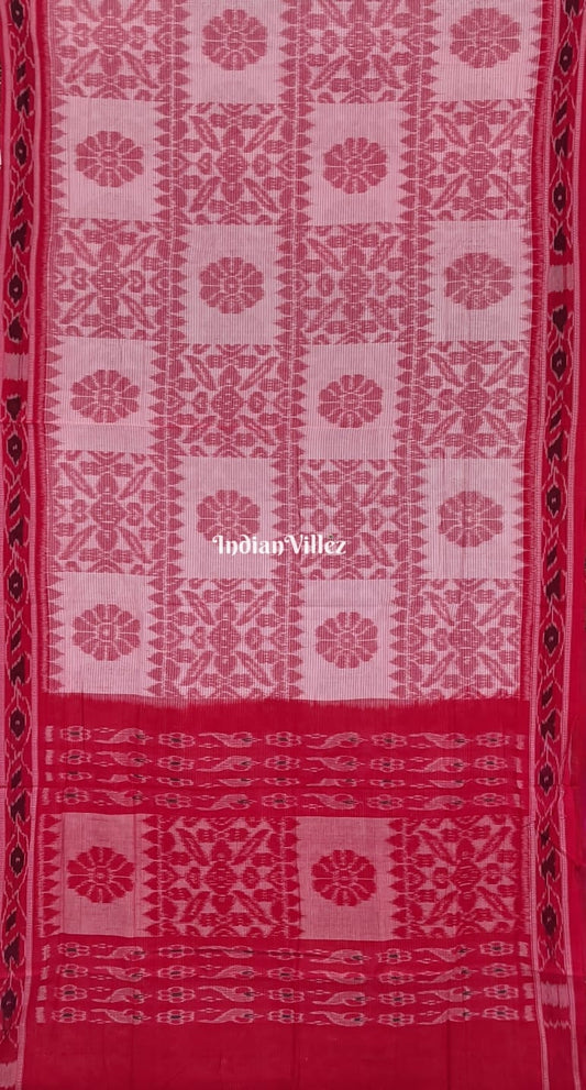 White Red Computer Design Sambalpuri Ikat Maniabandha Cotton  Saree