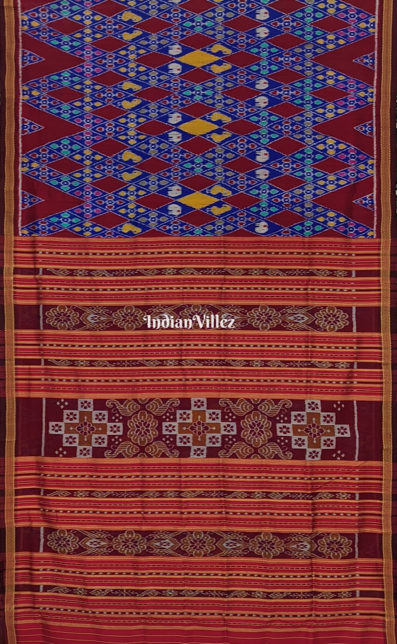 Red Blue Odisha Ikat Designer Khandua Silk Saree