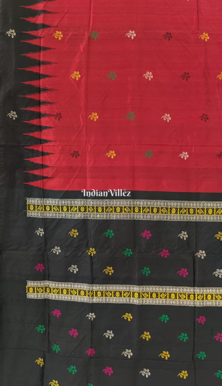 Black Red Floral Design Bomkai Silk Saree