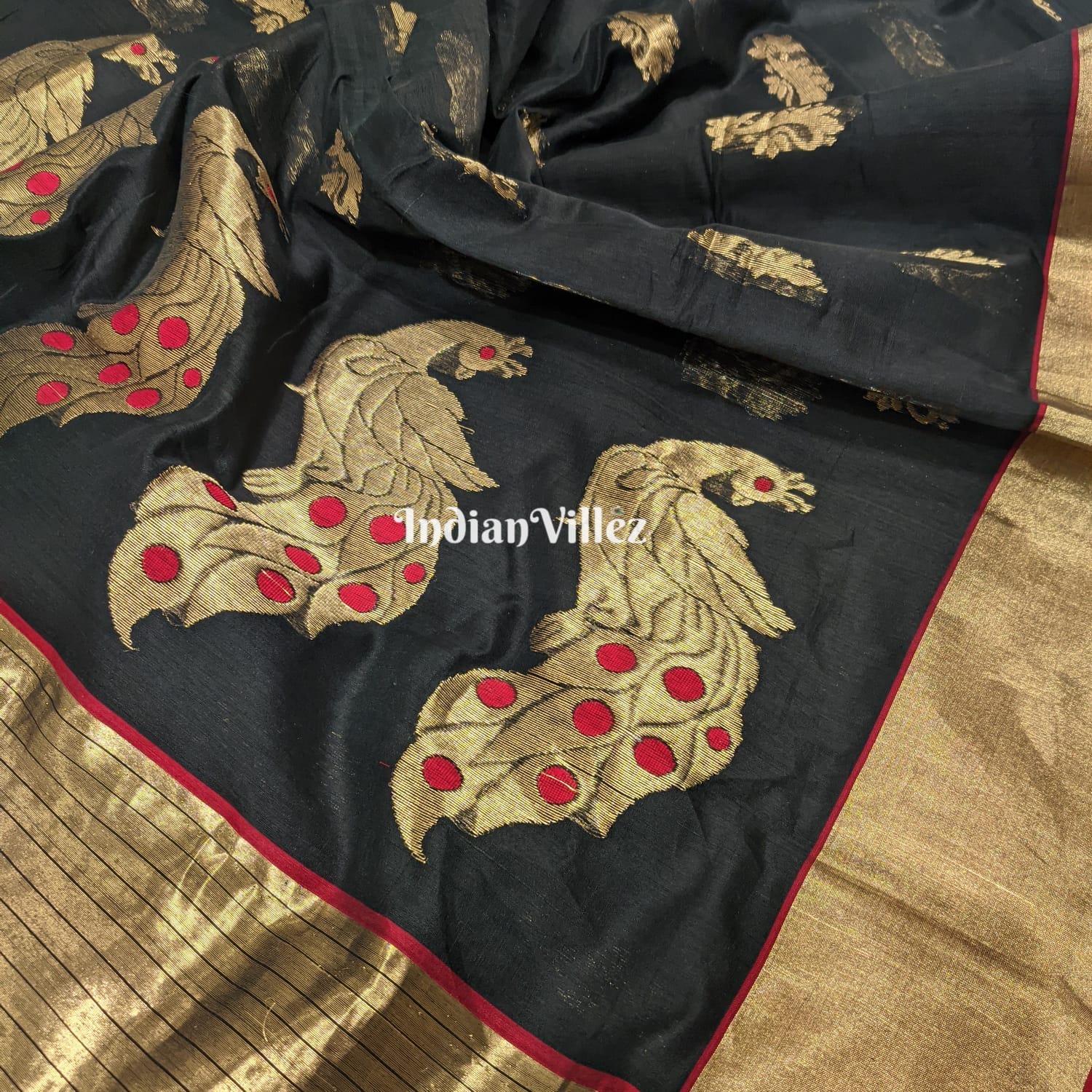 Black Peacock Flower Design Handloom Pure Chanderi Silk Saree