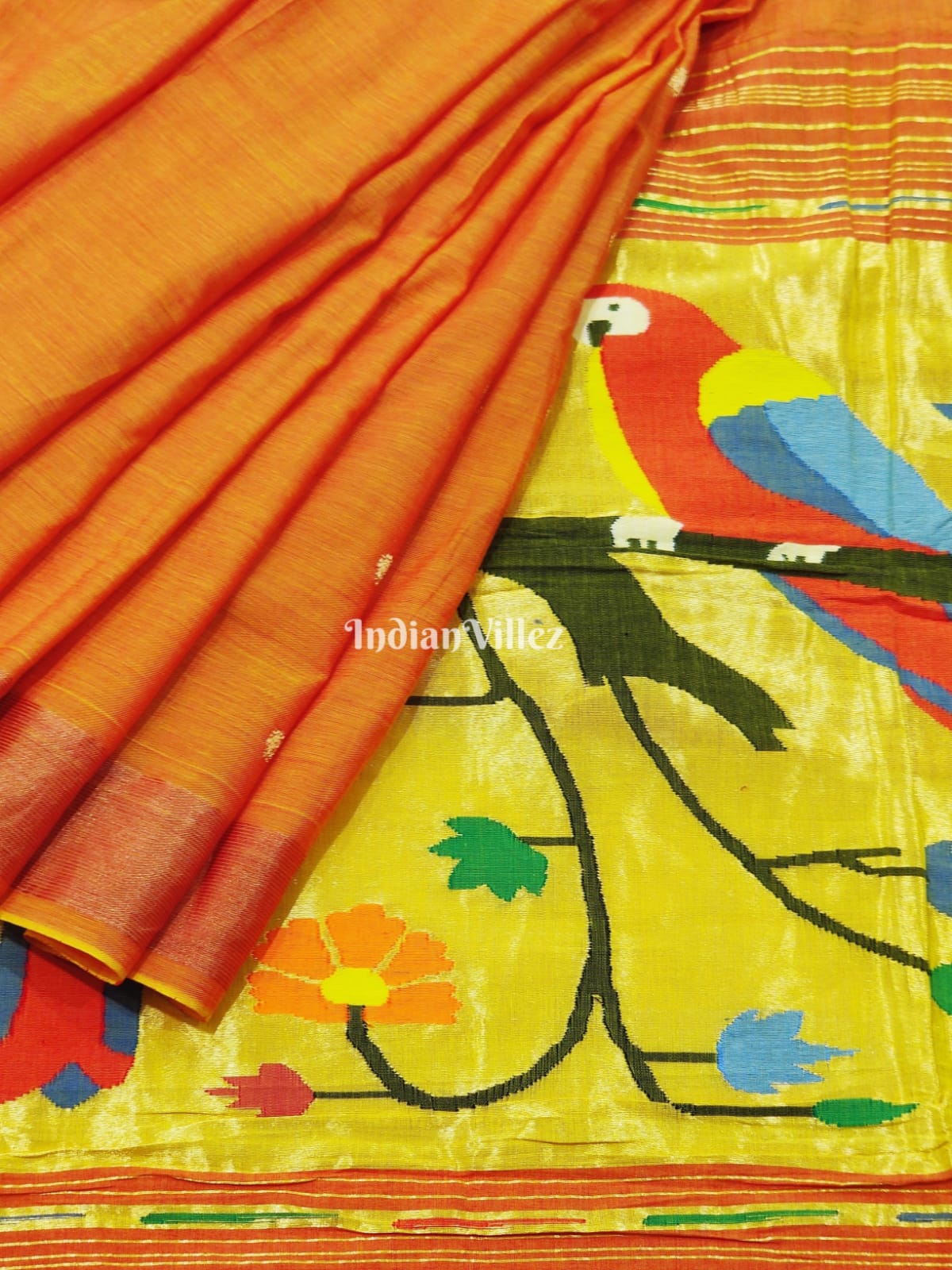 Orange Paithani Silk*Cotton Saree - IndianVillez