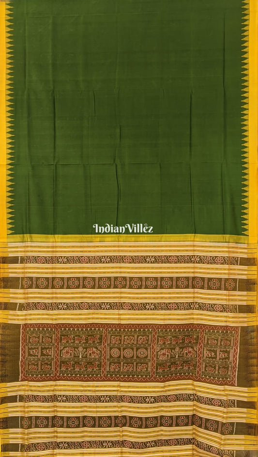 Olive Green with Yellow Kumbha Sambalpuri Ikat Silk Saree