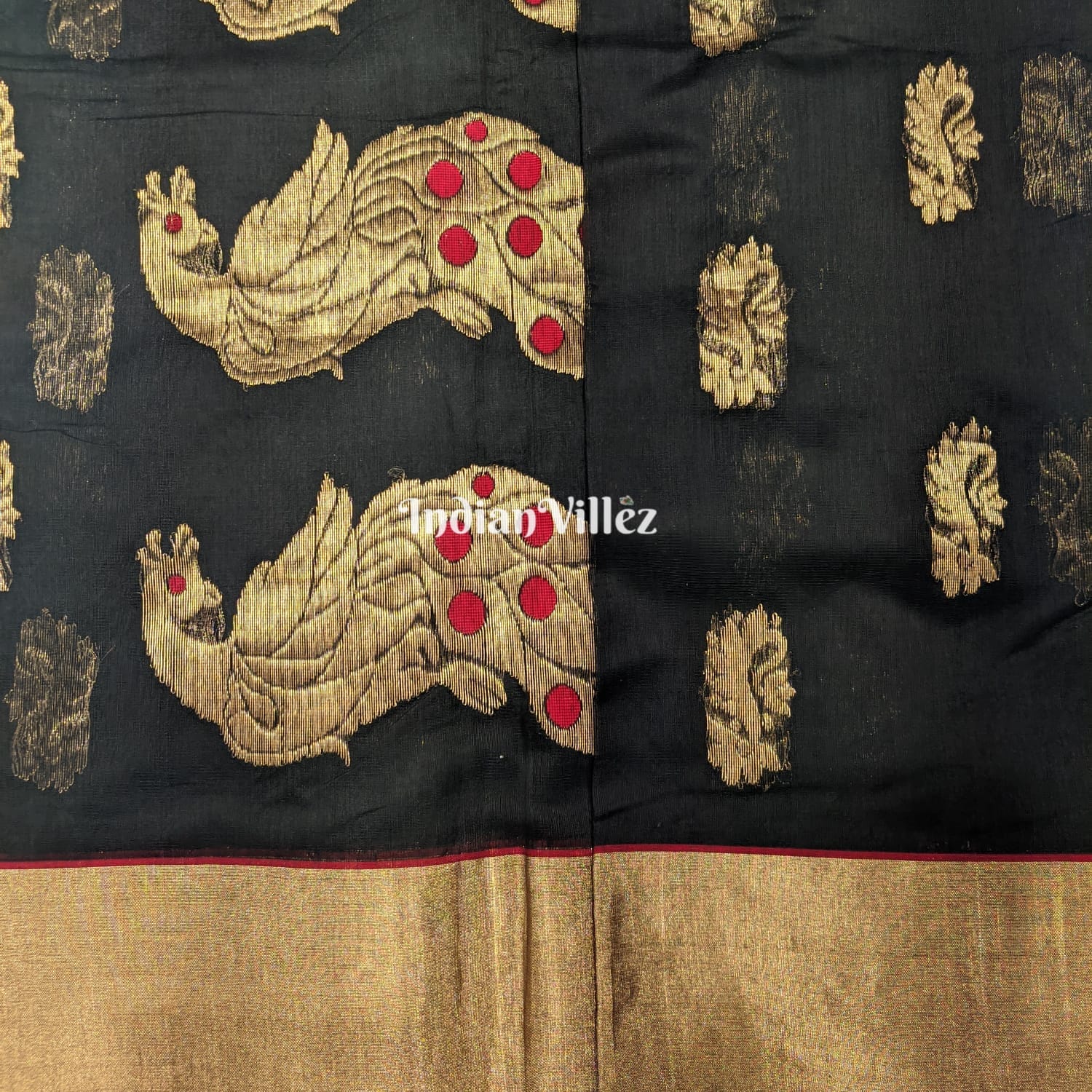 Black Peacock Flower Design Handloom Pure Chanderi Silk Saree