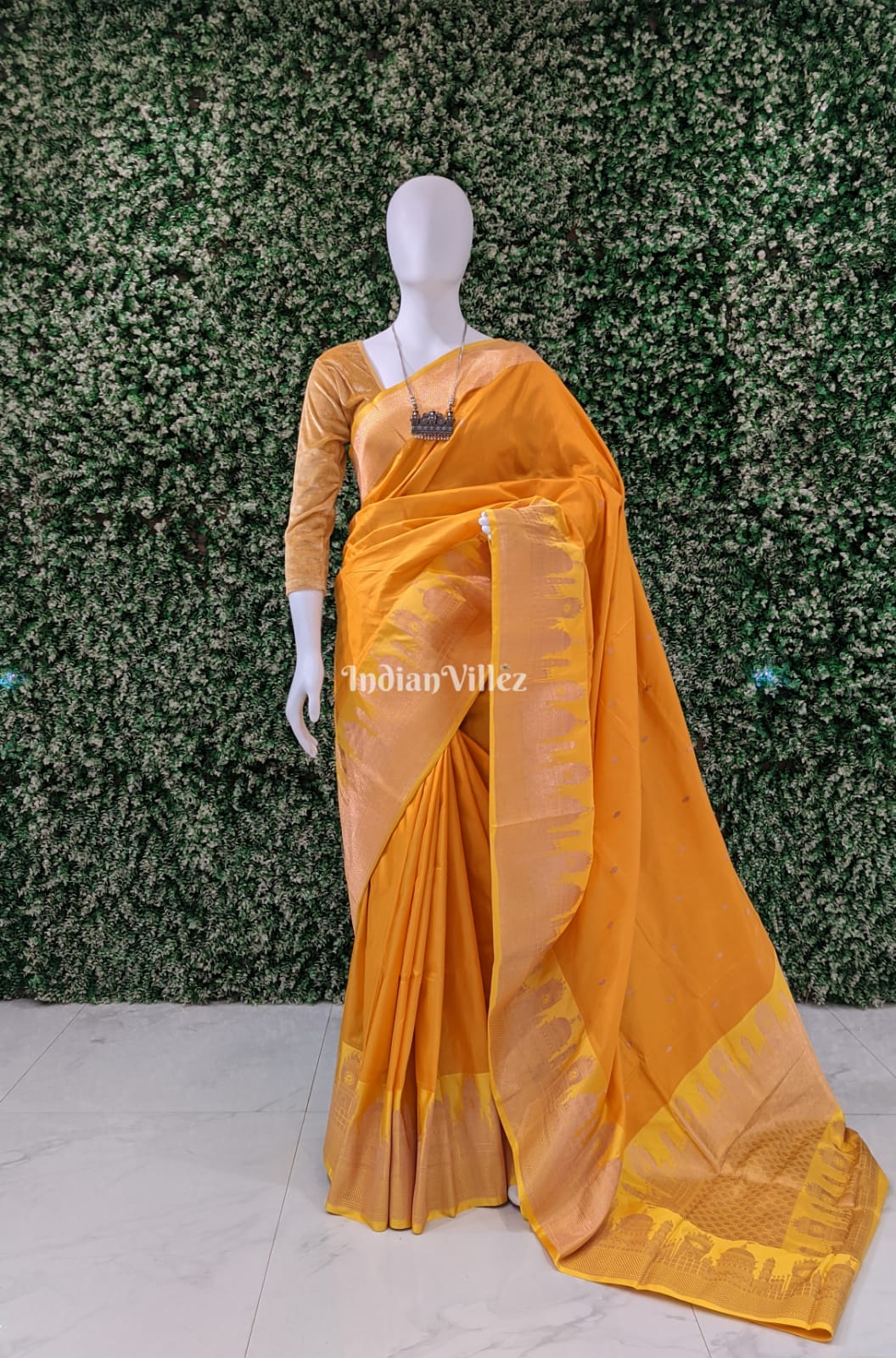 Yellow Banarasi Katan Silk Saree Inspired by Big Ben, London & United States Capitol, Washington DC