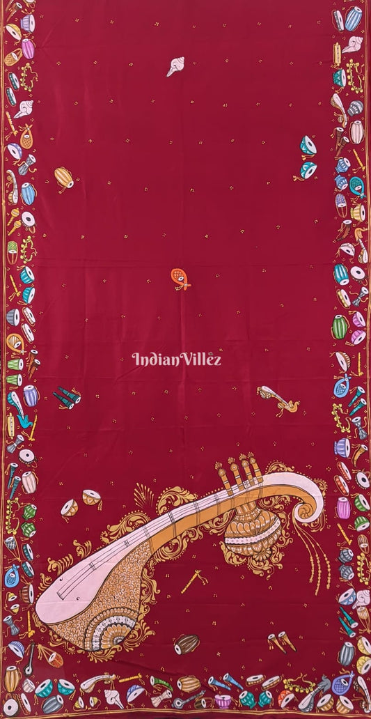 Maroon Sitar Instrument Pattachitra Art Pure Silk Saree