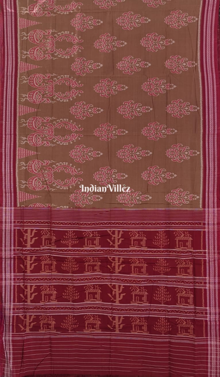 Bronze Peacock & Flower Motif Sambalpuri Ikat Cotton Saree