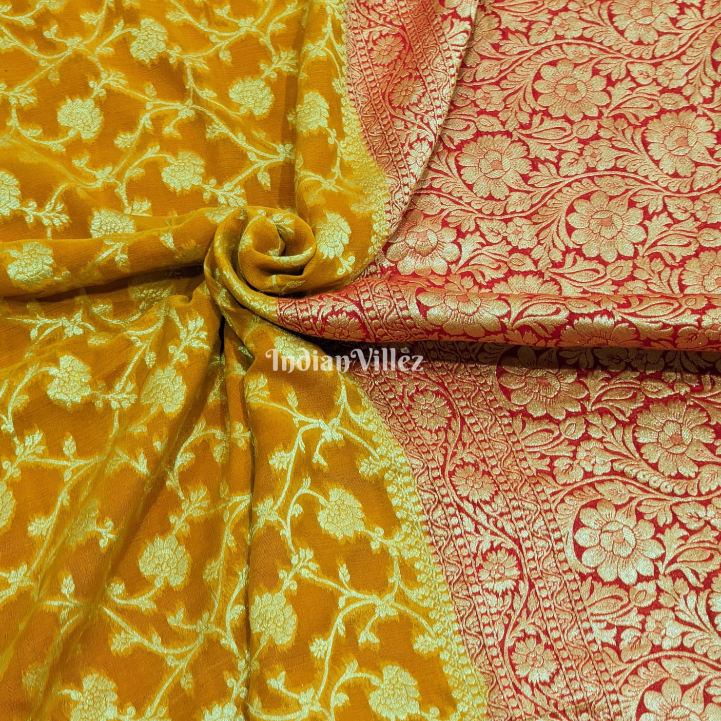 Mustard Yellow Rangkaat Banarasi Khaddi Georgette Saree