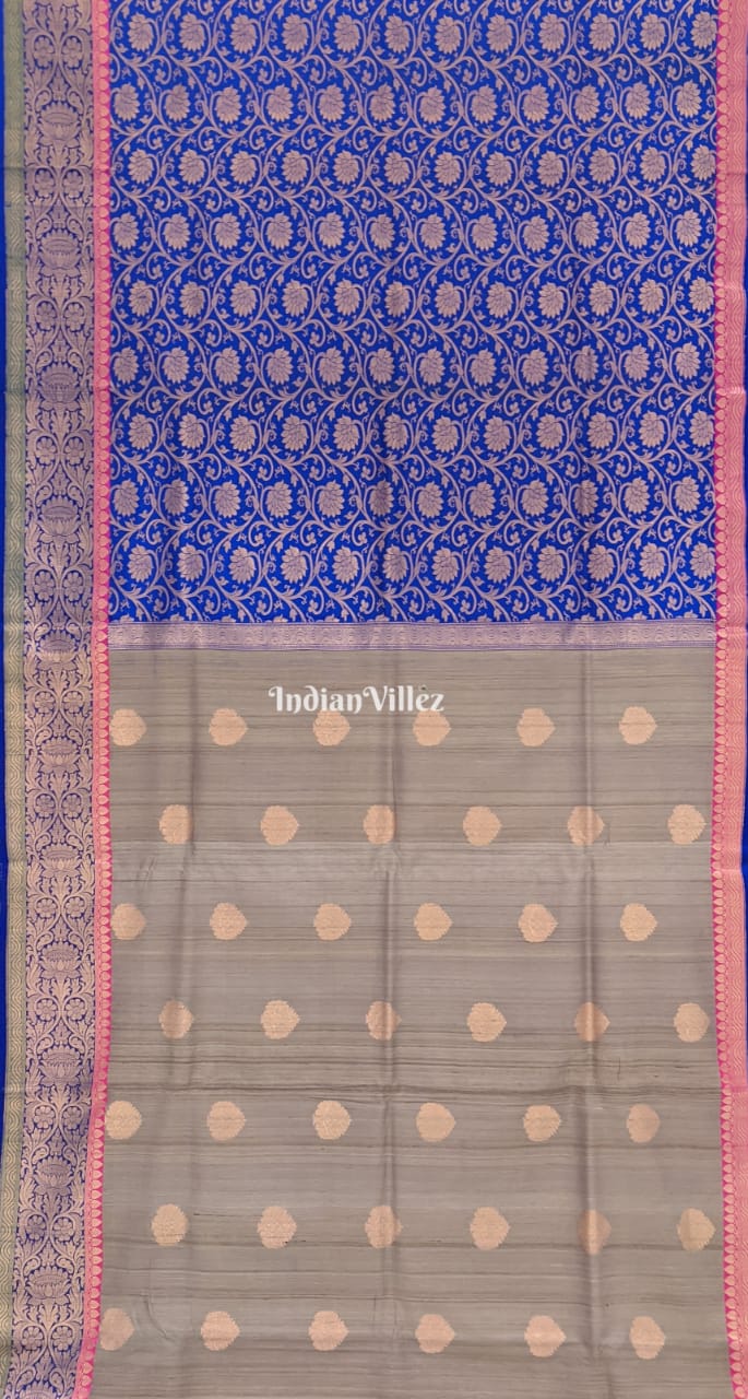 Blue-Grey Brocade Tussar Banarasi Handloom Silk Saree