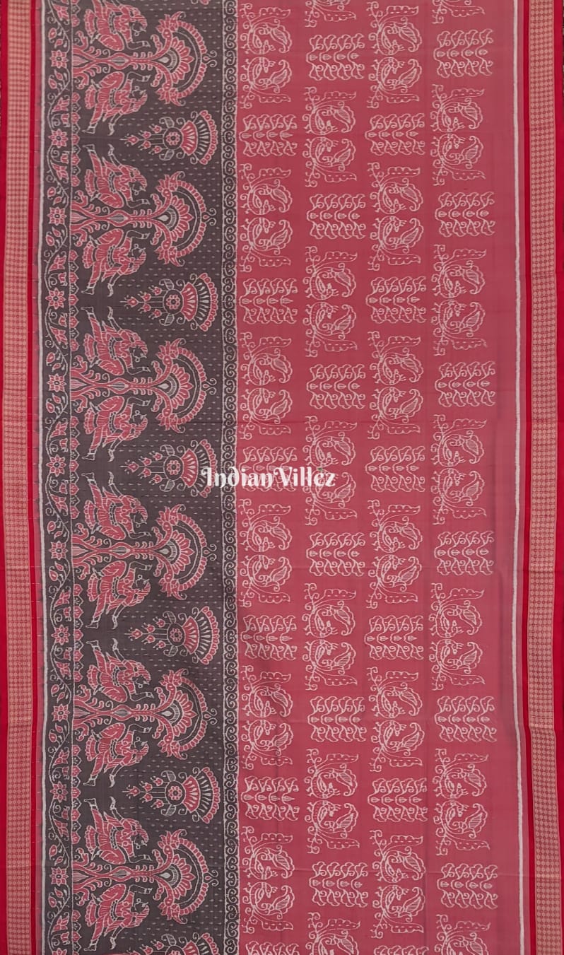 Peach Black Peacock Sambalpuri Ikat Silk Pastel Saree