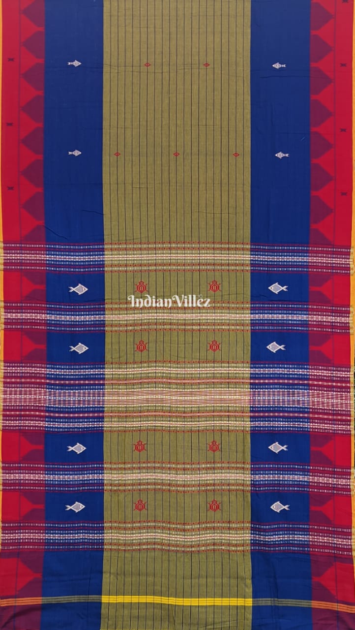 Kotpad Natural Dye Odisha Handloom Saree (Moss Green and Blue with Red Border)