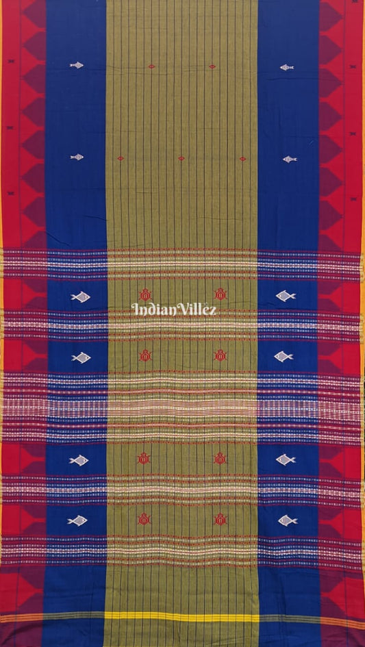 Kotpad Natural Dye Odisha Handloom Saree (Moss Green and Blue with Red Border)