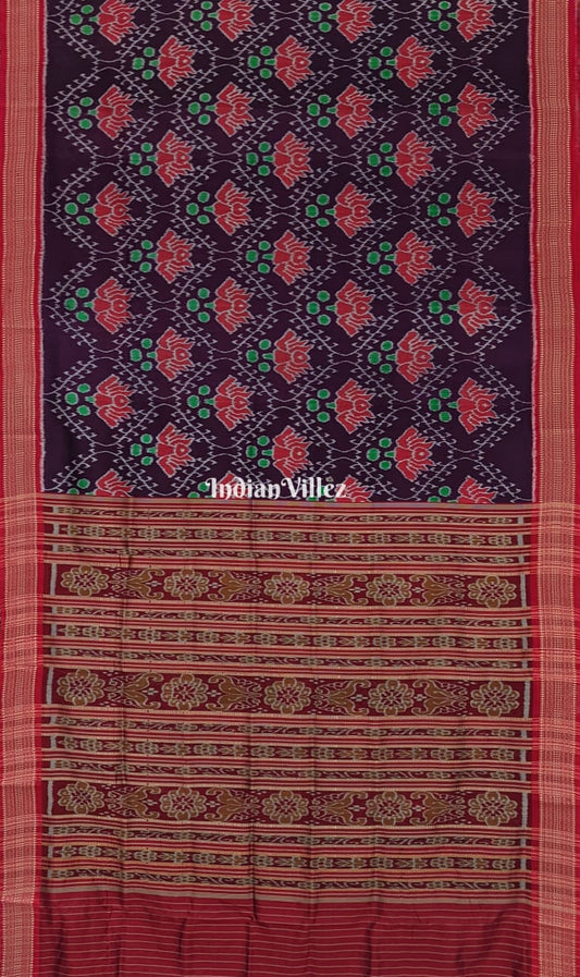 Dark Magenta Lotus Design Odisha Ikat Khandua Silk Saree