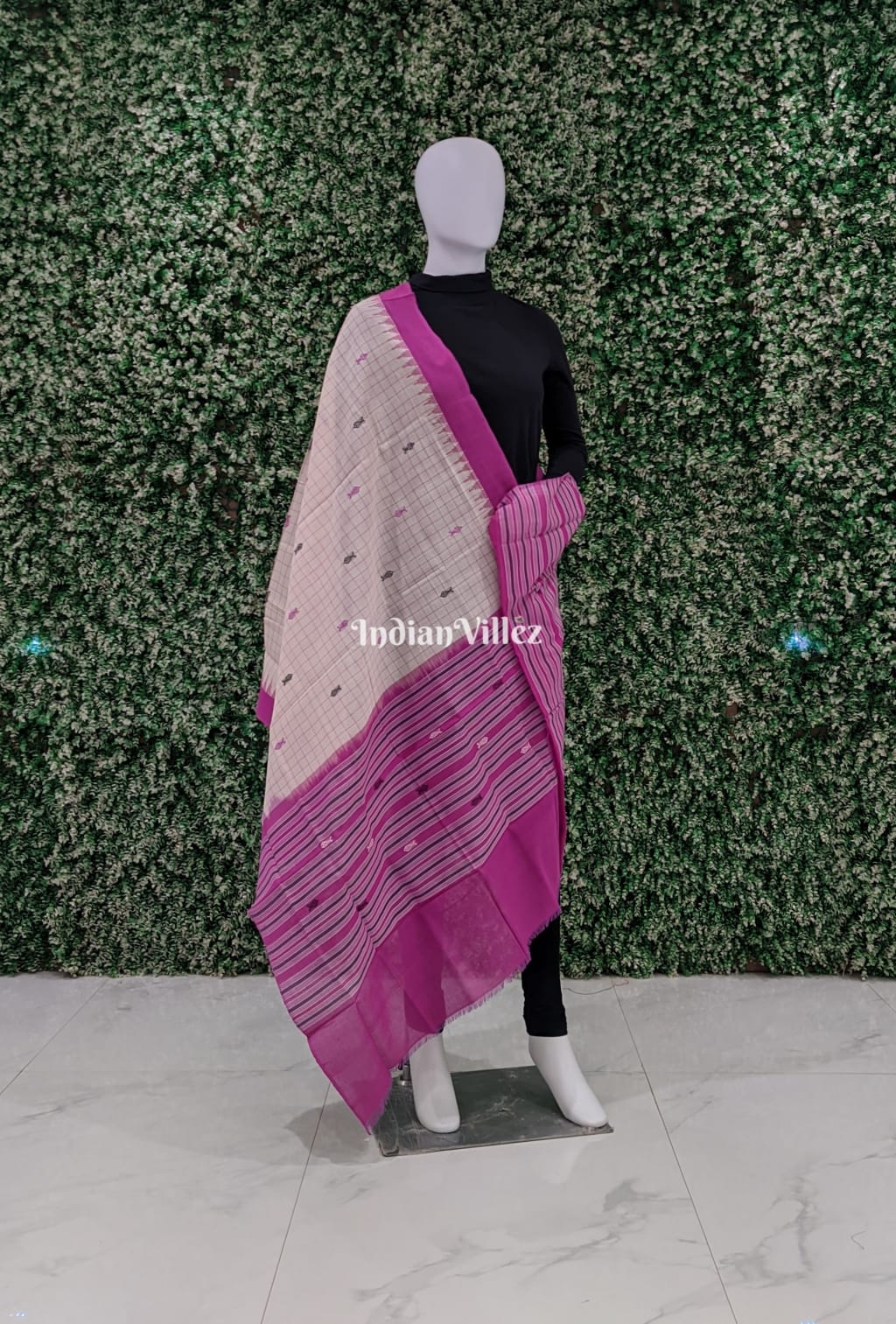 White Pink Butta Design Sambalpuri Cotton Dupatta