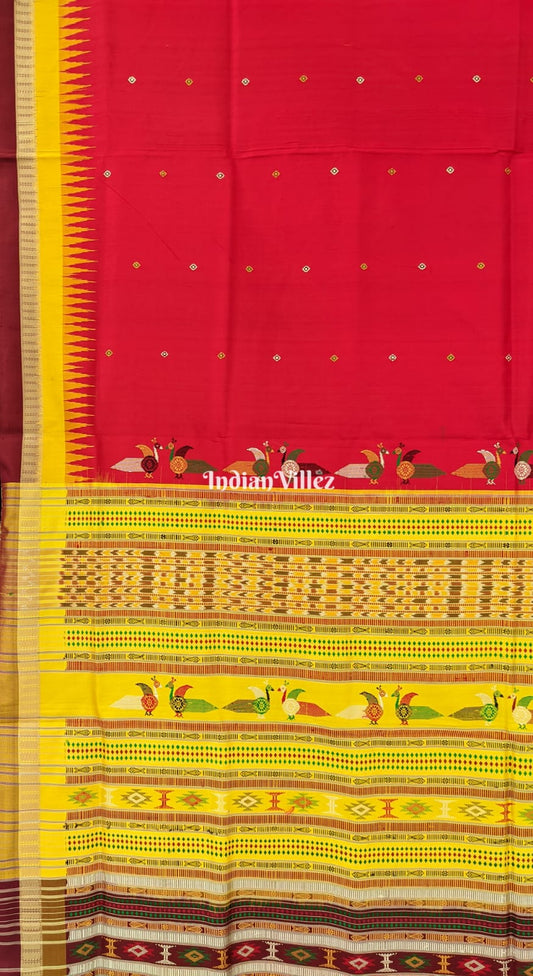 Red Ganjam Bomkai Sambalpuri Ikat Silk Saree