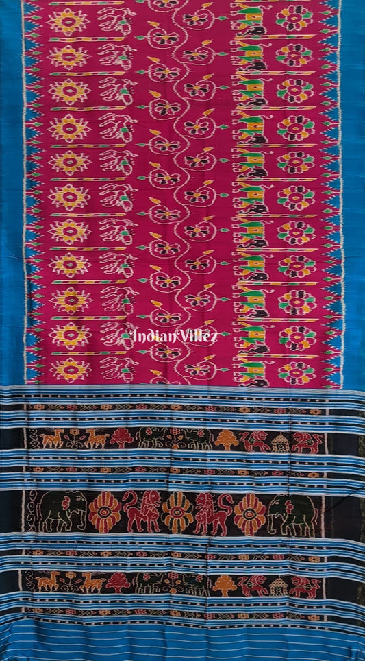 Pink Sky Blue Flower and Elephant Contemporary Odisha Ikat Silk Saree