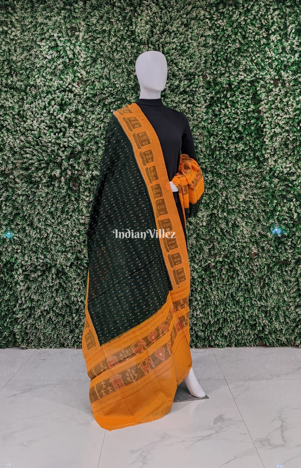 Bottle Green Yellow Border Sambalpuri Ikat Cotton Dupatta