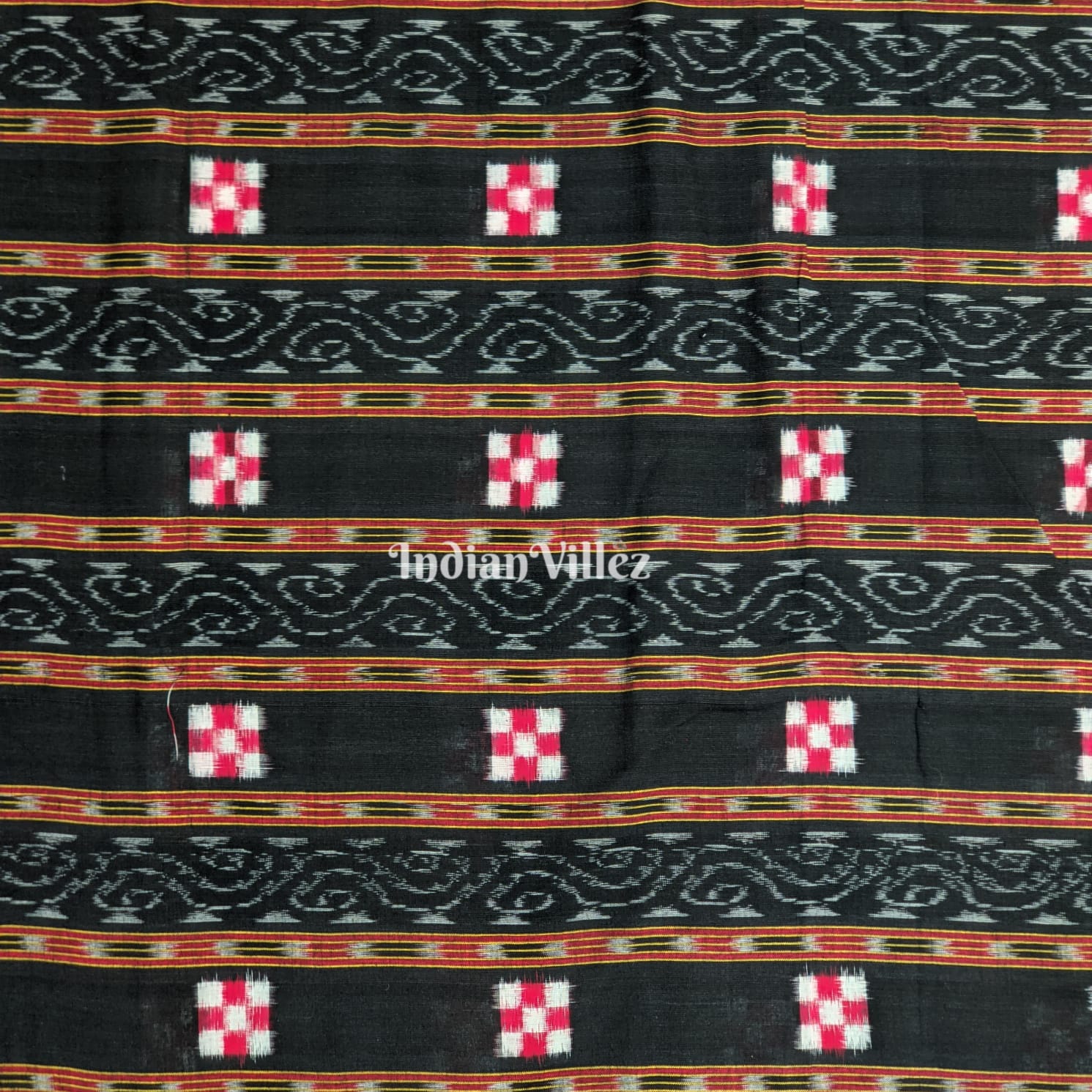 Black Pasapali Motif Cotton Ikat Sambalpuri Fabric