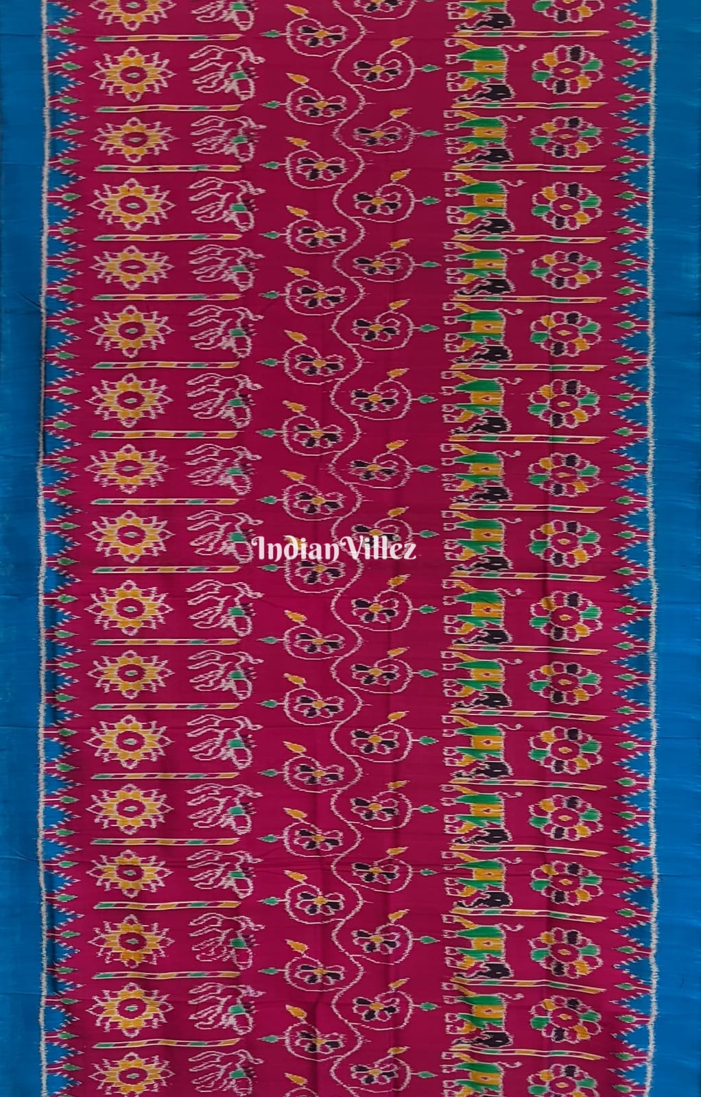 Pink Sky Blue Flower and Elephant Contemporary Odisha Ikat Silk Saree