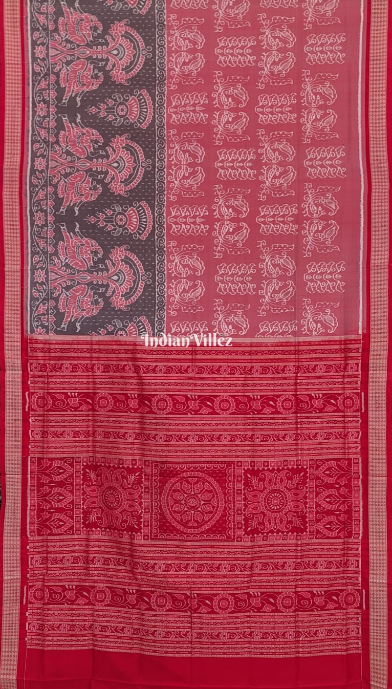 Peach Black Peacock Sambalpuri Ikat Silk Pastel Saree