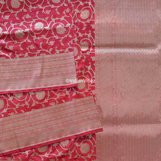 Raspberry Red Banarasi Kadwa Jaal Handloom Silk Saree - IndianVillèz